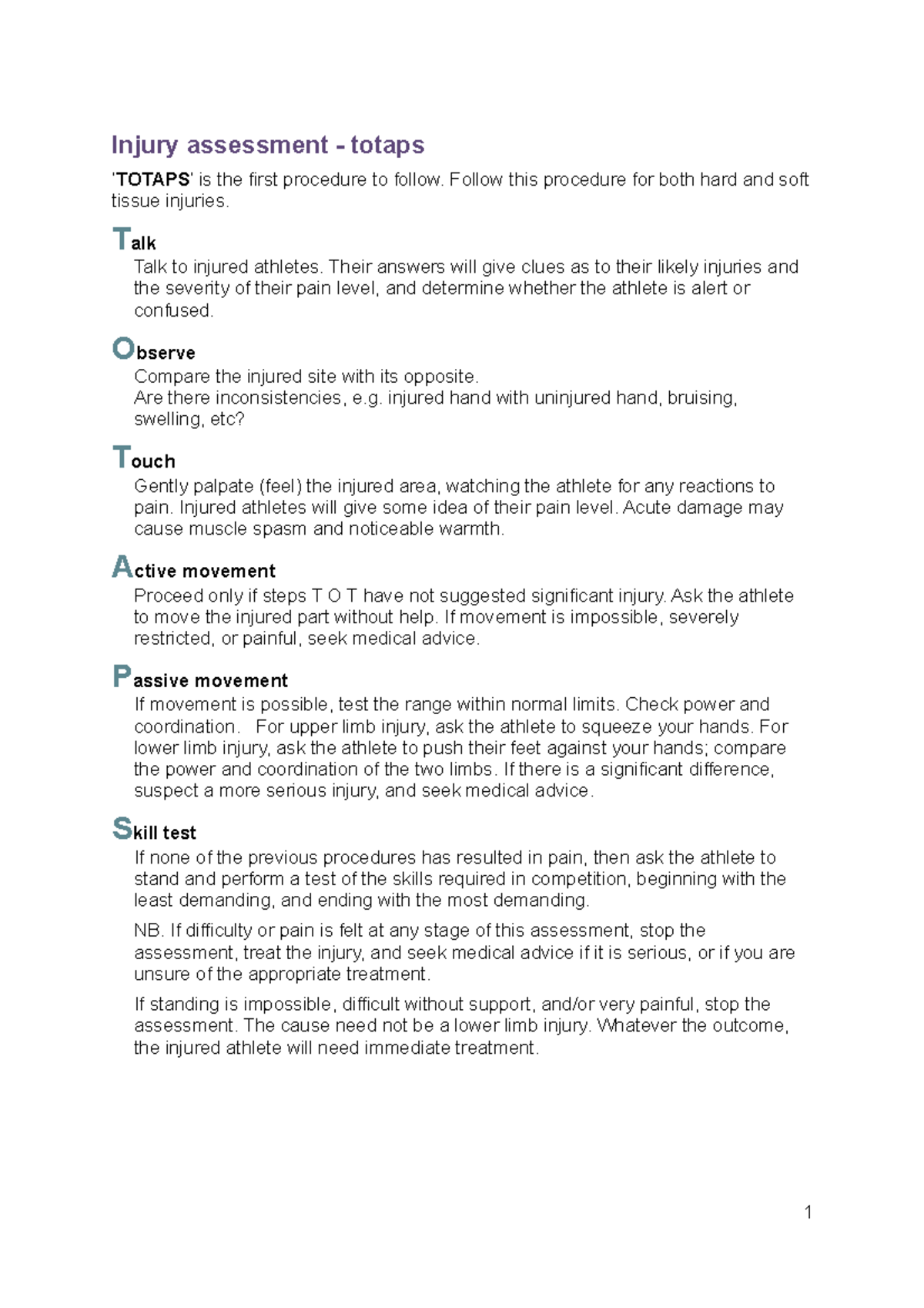 Injury Assessment Using TOTAPS: Key Steps and Guidelines - Studocu