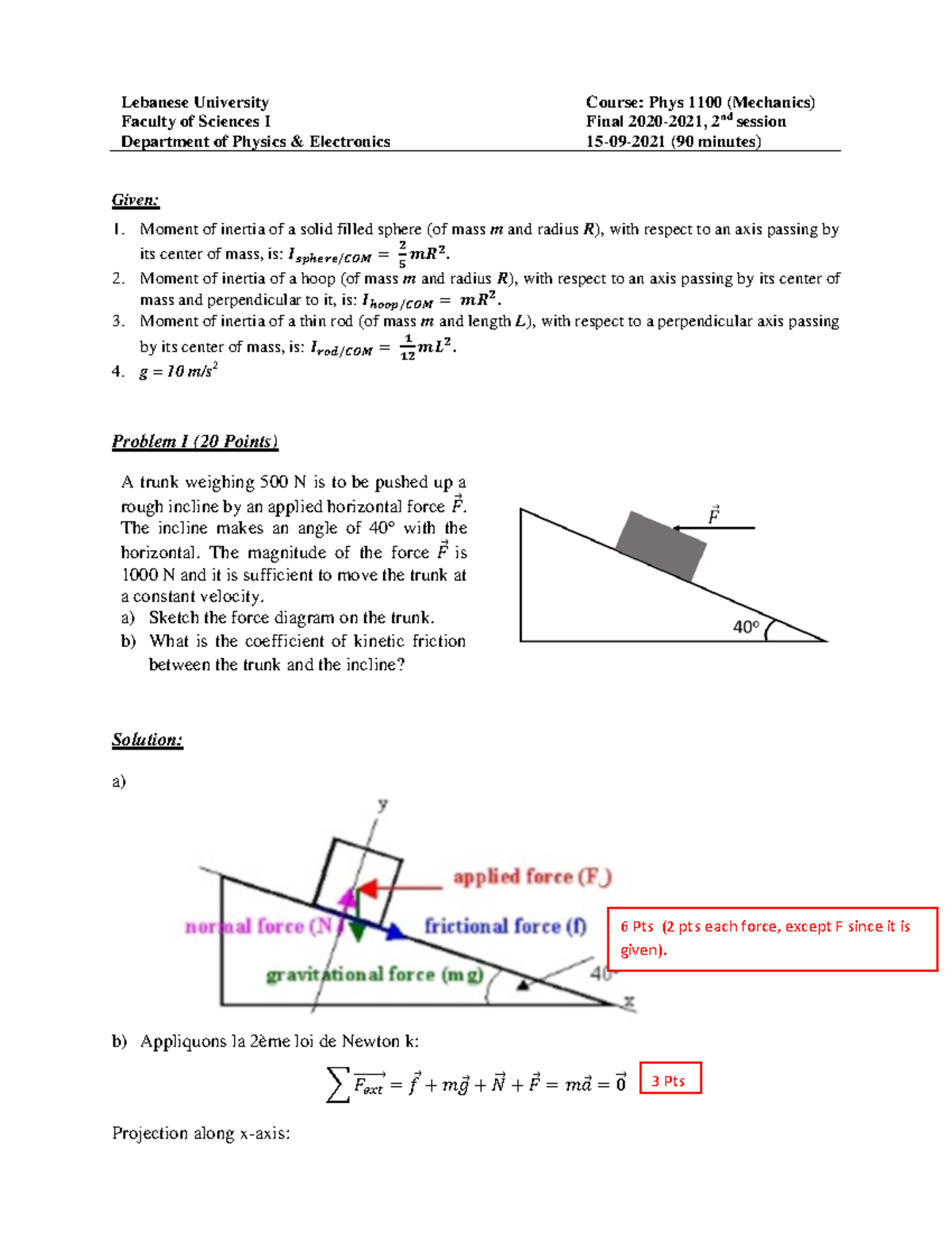 Final Exam Phys 1100 - Mechanics - 2nd Session Fall 2020 - Studocu
