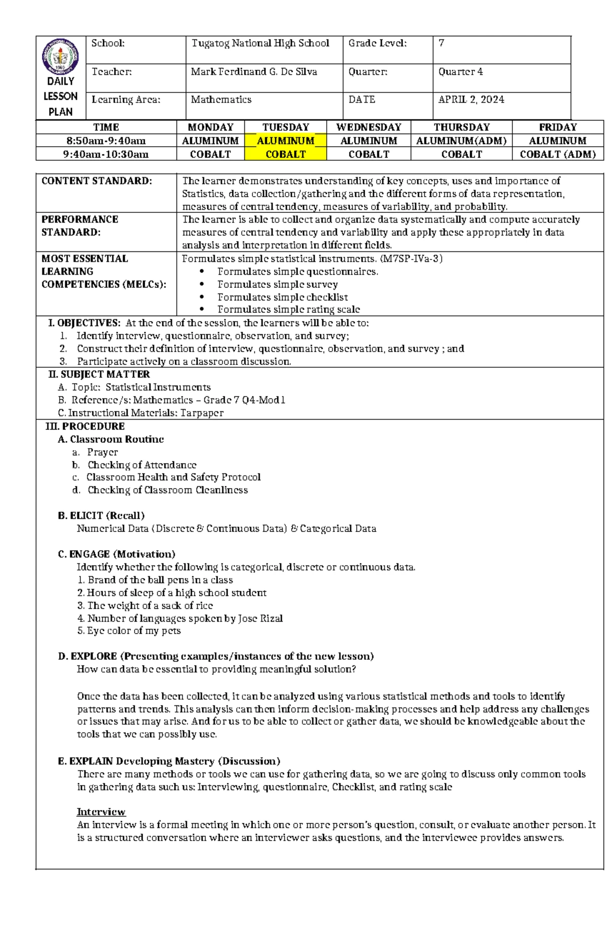 Detailed Lesson Plan on Statistics for Grade 7 (M7SP-IVa-2) - Studocu