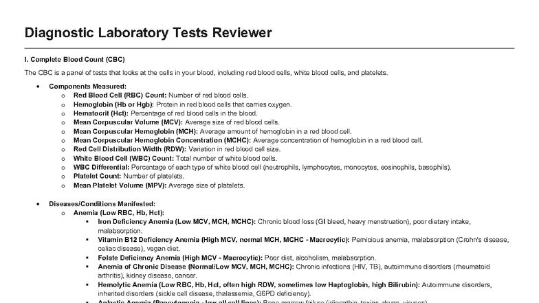 Diagnostic Laboratory Tests Reviewer: Complete Blood Count (CBC) and ...