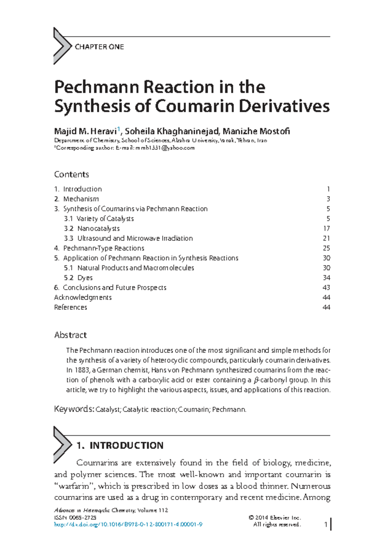 Chapter on Pechmann Reaction for Synthesis of Coumarin Derivatives ...