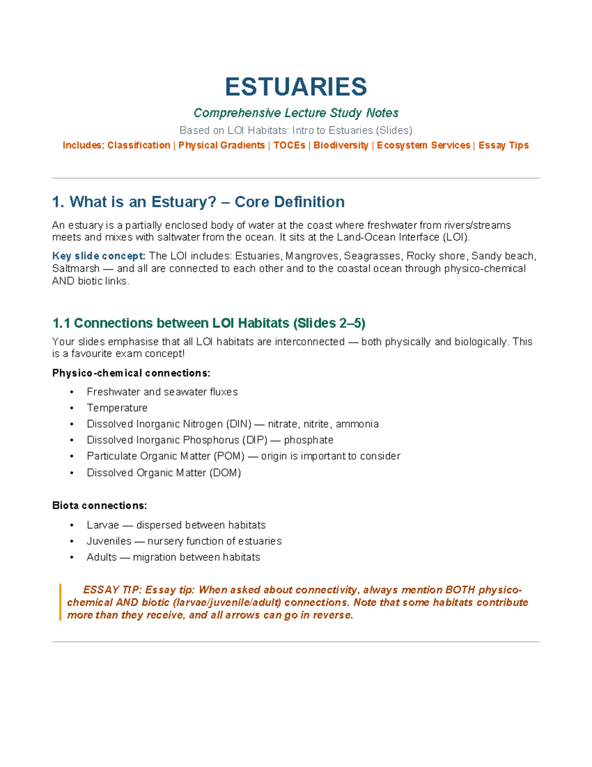 ESTUARIES (BIO 101) Comprehensive Lecture Study Notes on LOI Habitats ...