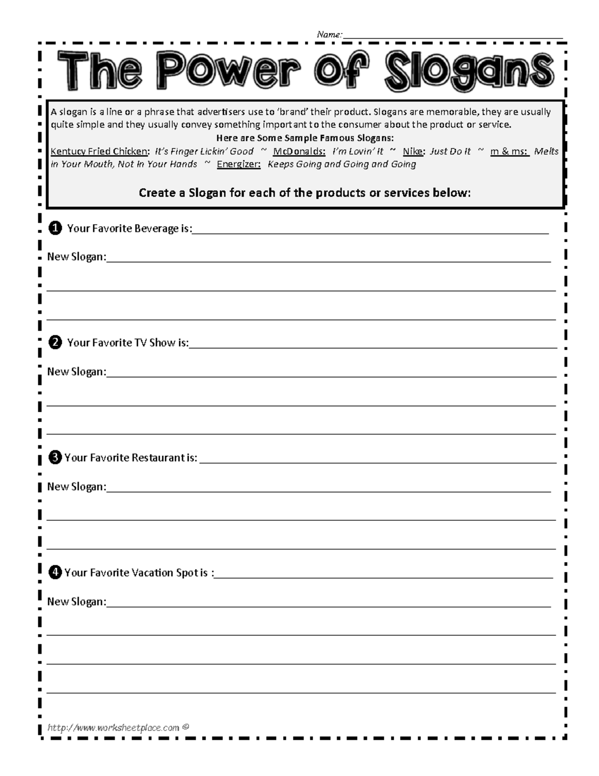 Slogan-Worksheet - Slogan Assignment for Creative Writing - Studocu