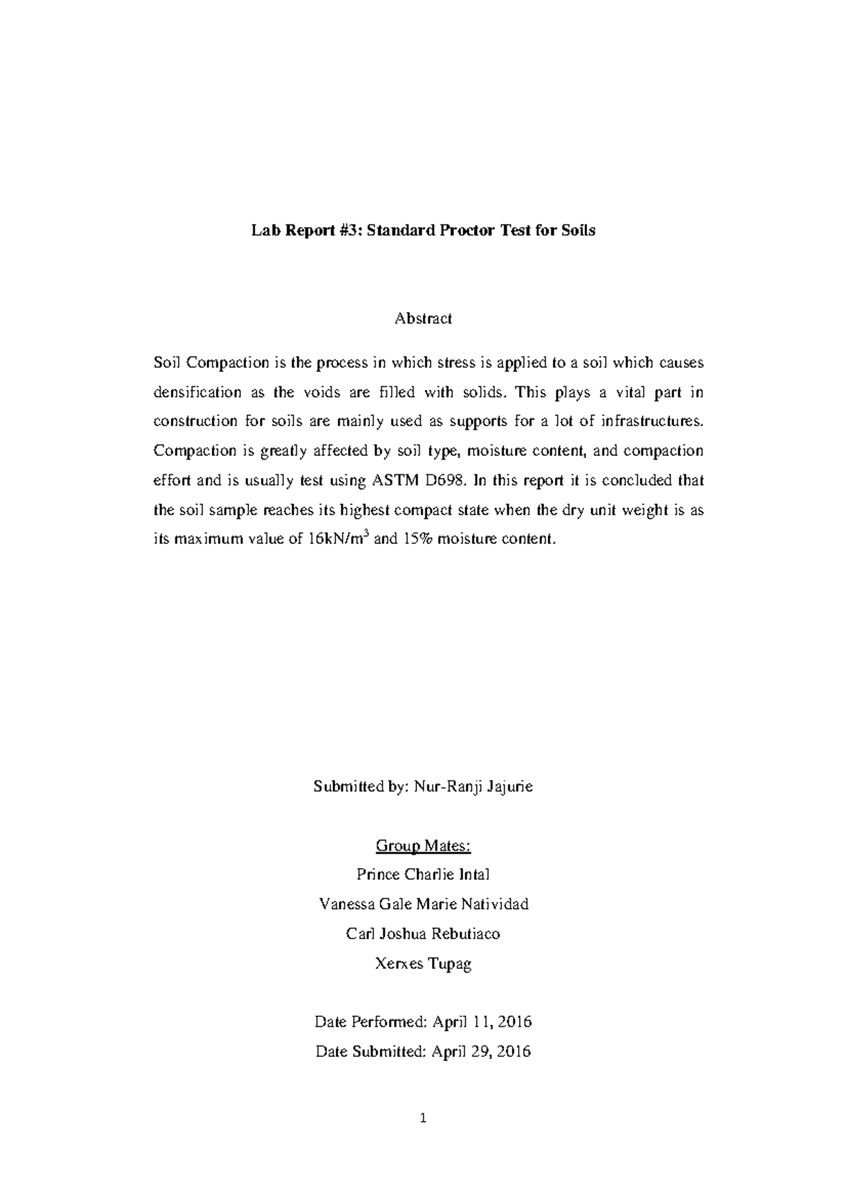 Lab Report 3: Standard Proctor Test for Soil Compaction Analysis - Studocu
