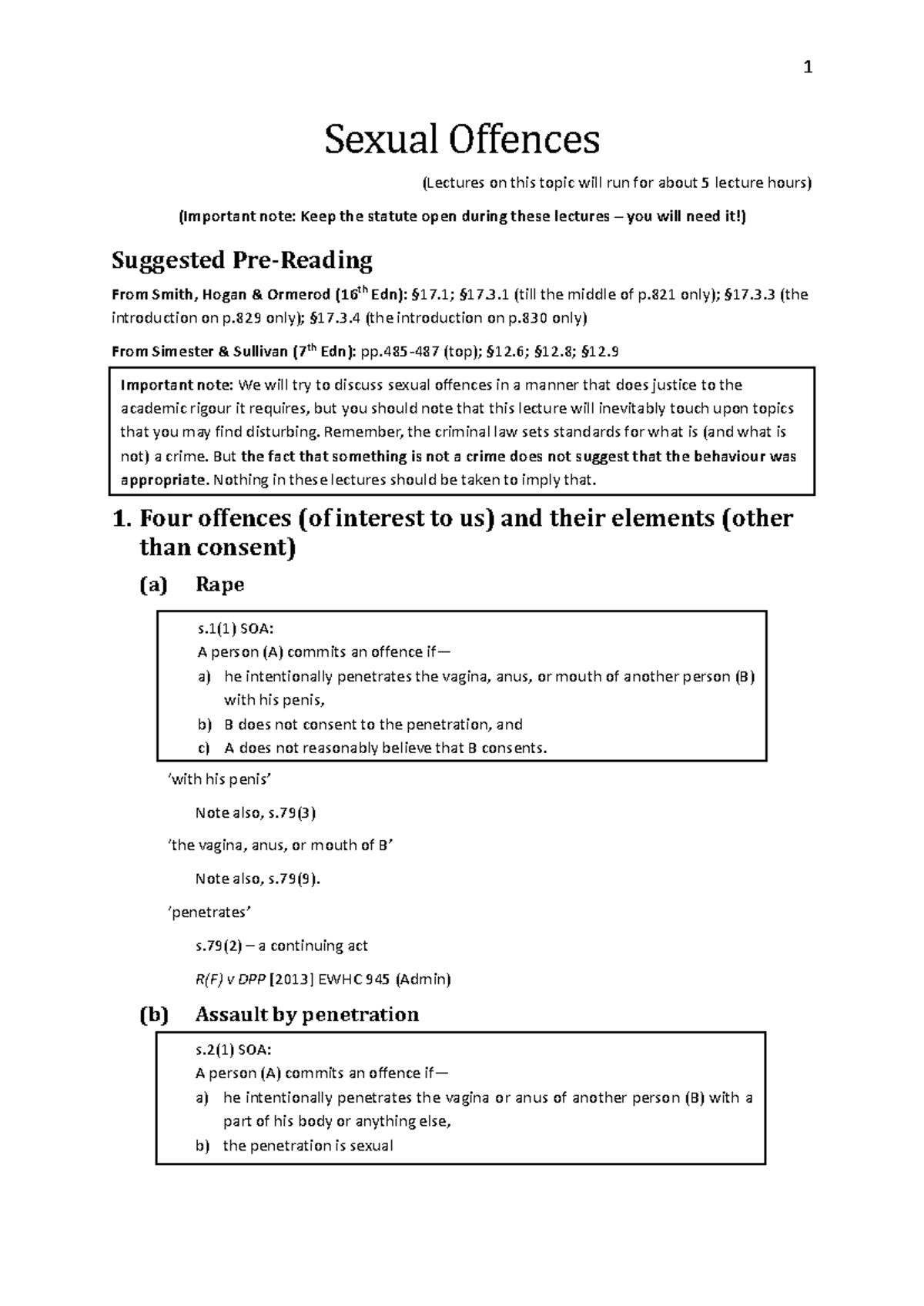 Sexual Offences Lecture Notes (Law 101) - Key Concepts & Cases - Studocu