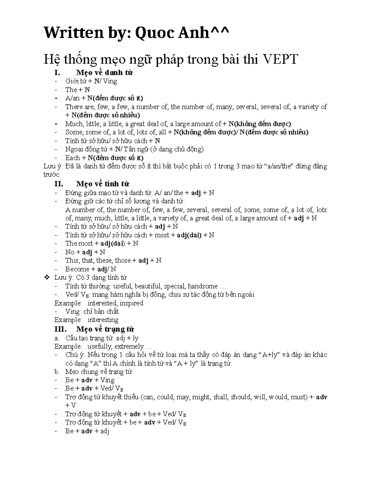 Tự Học Ngữ Pháp VEPT - Mẹo Thi VEPT I: Danh Từ, Tính Từ, Trạng Từ - Document Preview