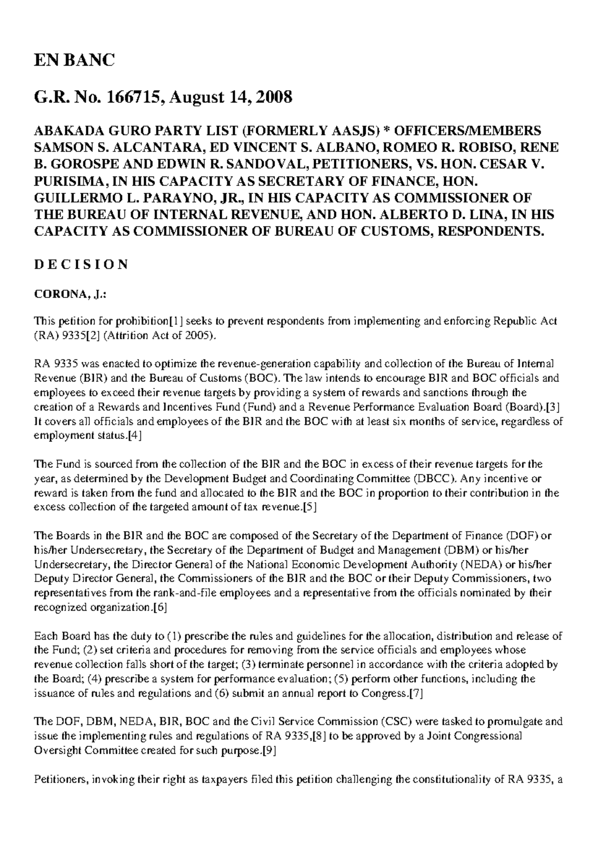 Abakada G.R. No. 166715: Constitutionality of RA 9335 Decision - Studocu