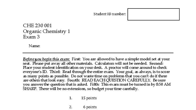 CHE 230 001 Organic Chemistry 1 Exam 3 Practice Guide - Studocu