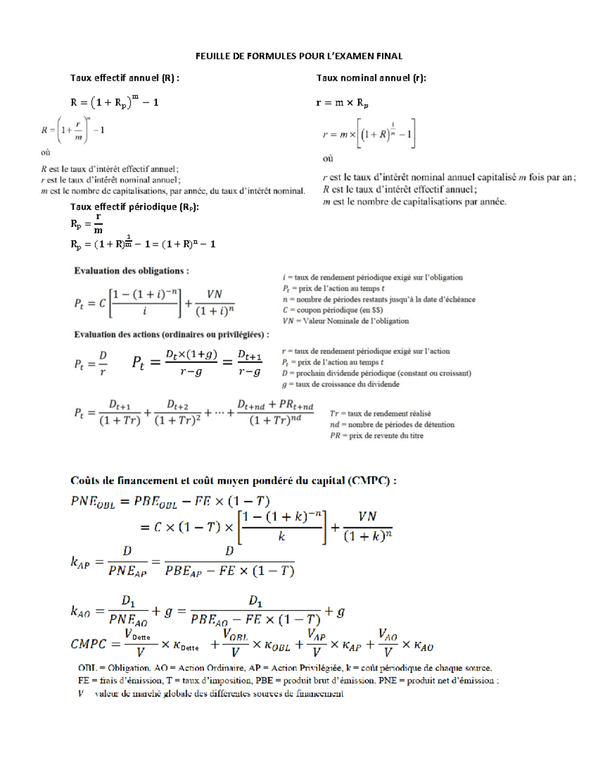 FIN 3500 Feuille de Formules Examen Final - FINA 200 - FEUILLE DE ...