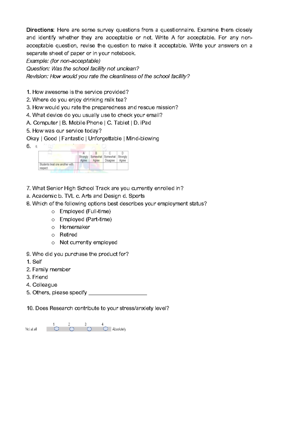 Activity- Questionnaire - Directions: Here are some survey questions ...