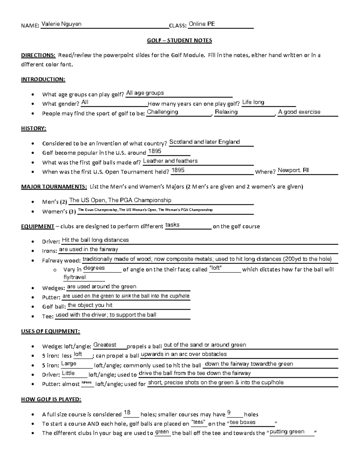 GOLF student Notes Worksheet(s)-2 - NAME: CLASS: GOLF – STUDENT NOTES ...
