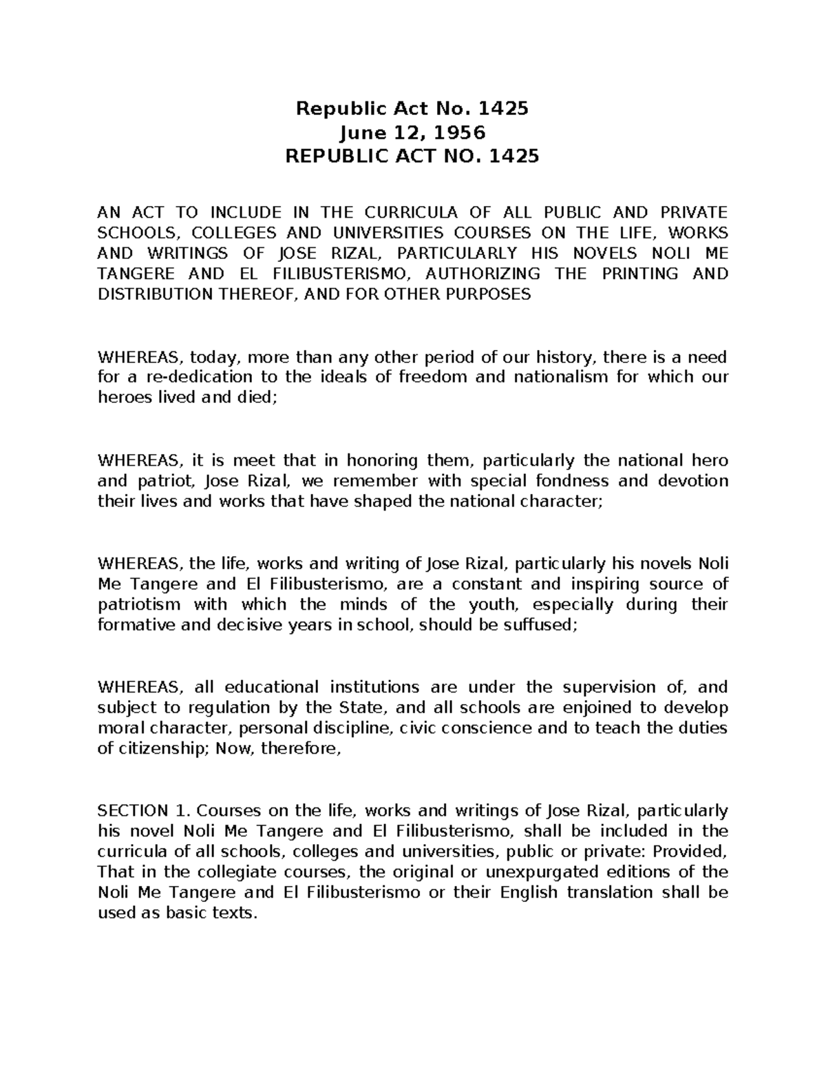 Republic Act No. 1425 - Lecture Notes on Jose Rizal's Works - Studocu