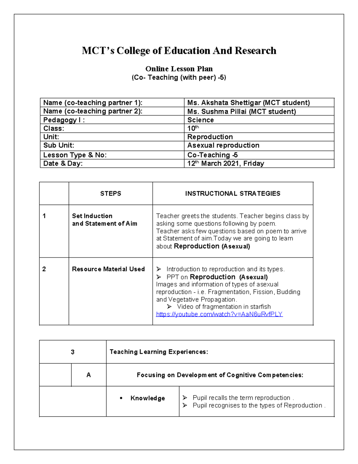 Science 10th Lesson Plan: Asexual Reproduction (Pedagogy I) - Studocu