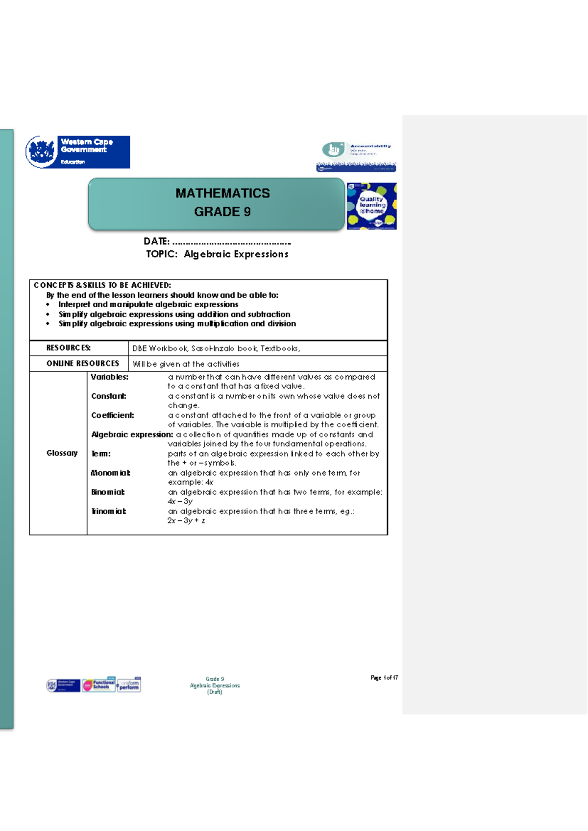 Grade 9 Mathematics: Lesson Plan on Algebraic Expressions - Studocu