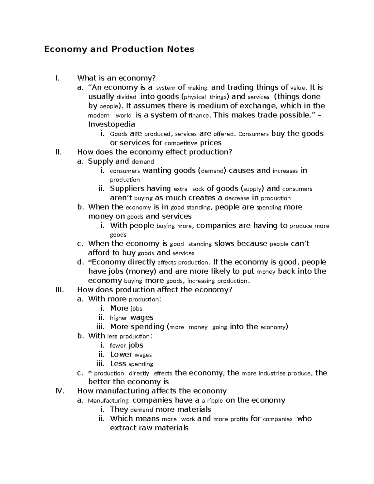 Step 3B. Economy and Production - Economy and Production Notes I. What ...