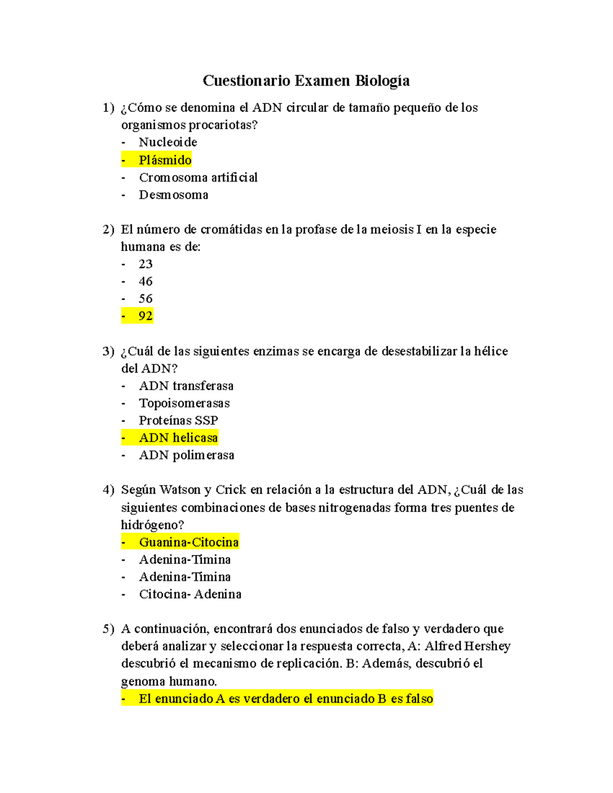 Cuestionario Examen Biología - Document Preview