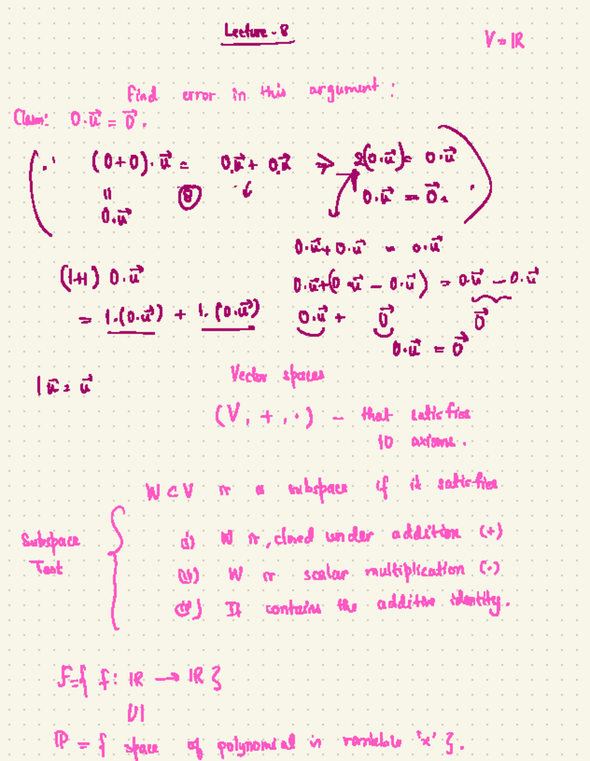 Lecture 8: Vector Spaces and Subspace Tests in IR³ - Studocu