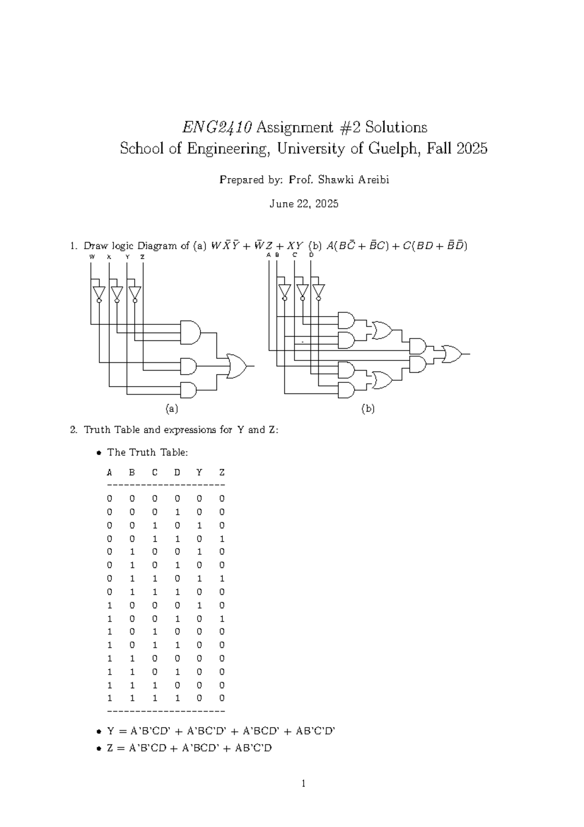ENG2410 Assignment 2 Solutions - Logic Diagrams & Truth Tables - Studocu