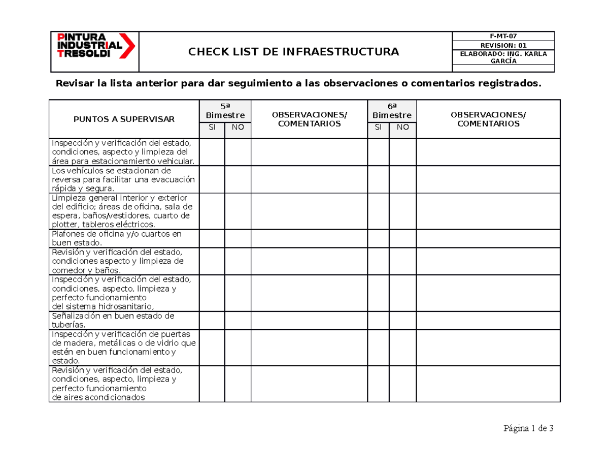 F-MT-07 Rev.01 Check list infraestructura - CHECK LIST DE ...