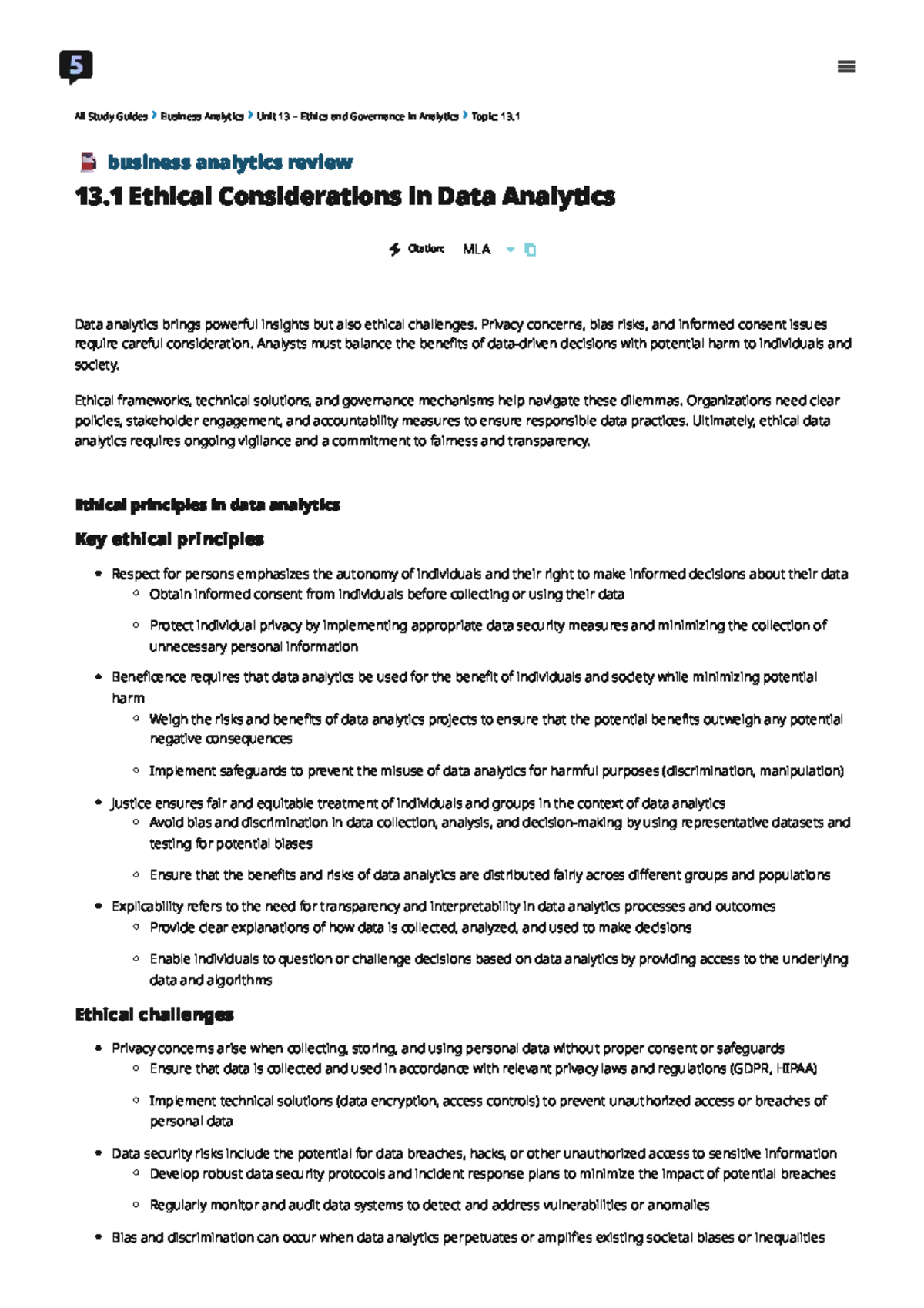 Ethical Considerations in Data Analytics (BUS 101) Study Guide - Studocu