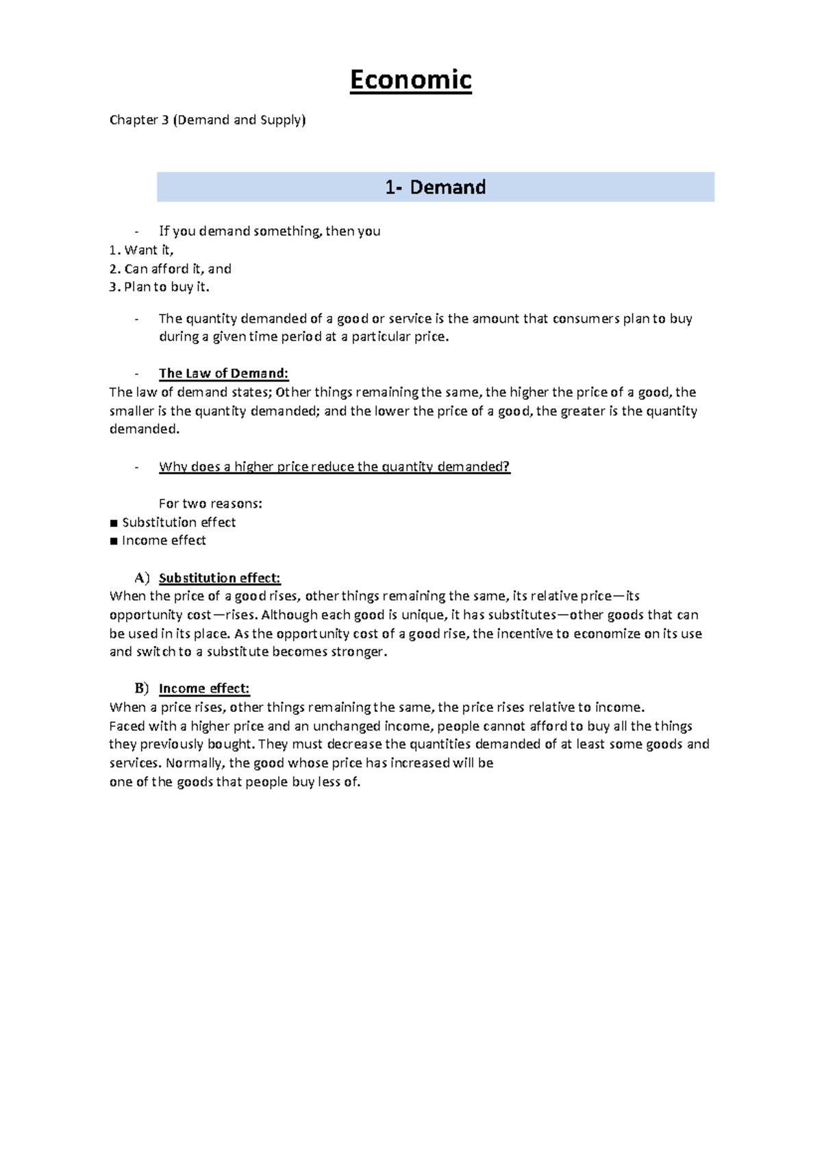 Economic Analysis of Demand and Supply (Chapter 3) - Studocu