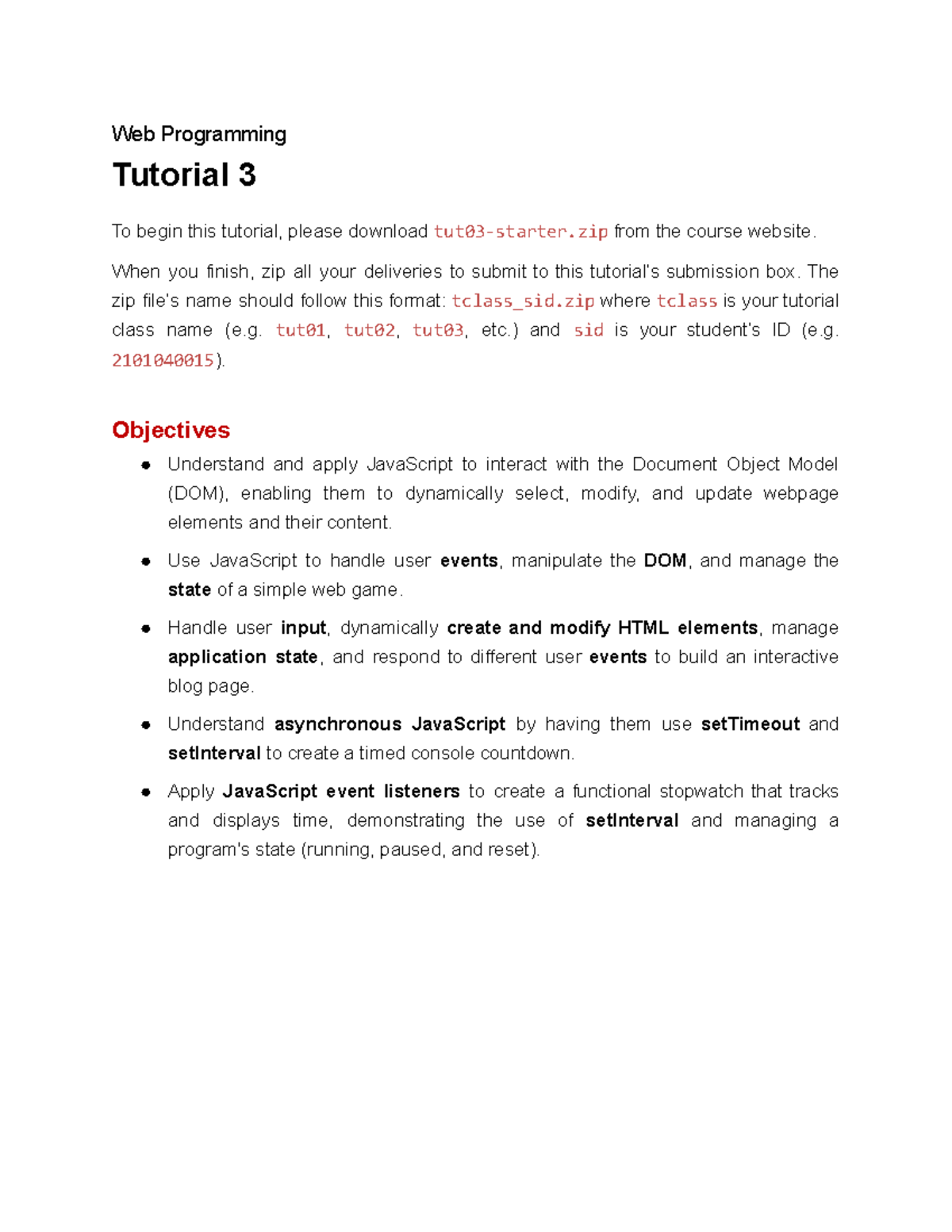 Tut03 Web Programming Tutorial: JavaScript DOM & Events - Studocu