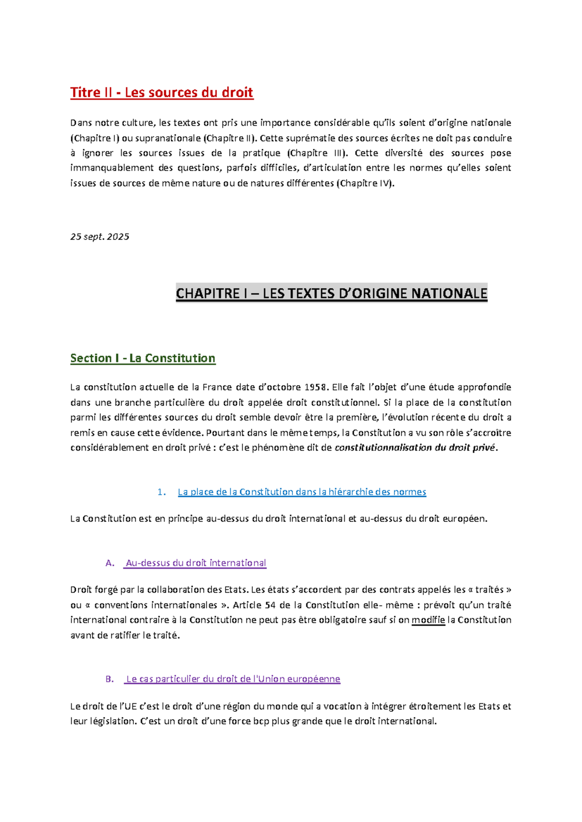 IGD 25 09 - Chapitre II: Les Sources du Droit et Leur Importance - Studocu