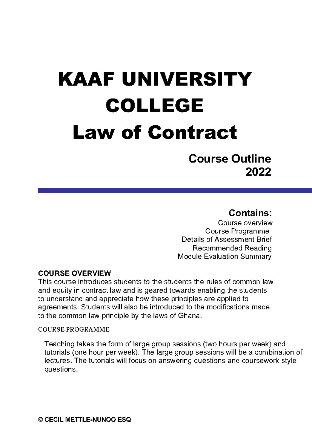 Contract Law Course Outline - KAAF University College Weekend 2022 ...