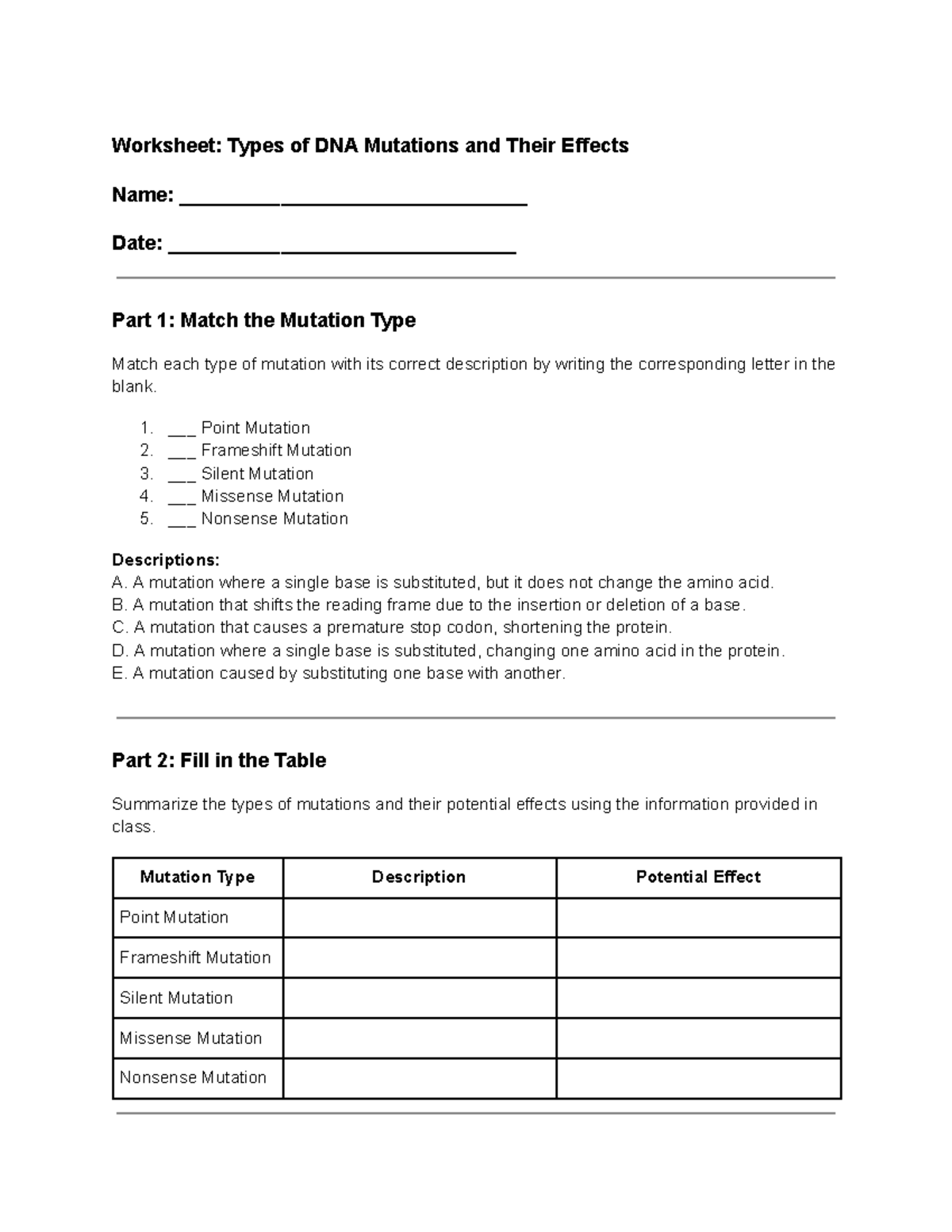 Types of DNA Mutations and Their Effects - 1. ___ Point Mutation 2 ...