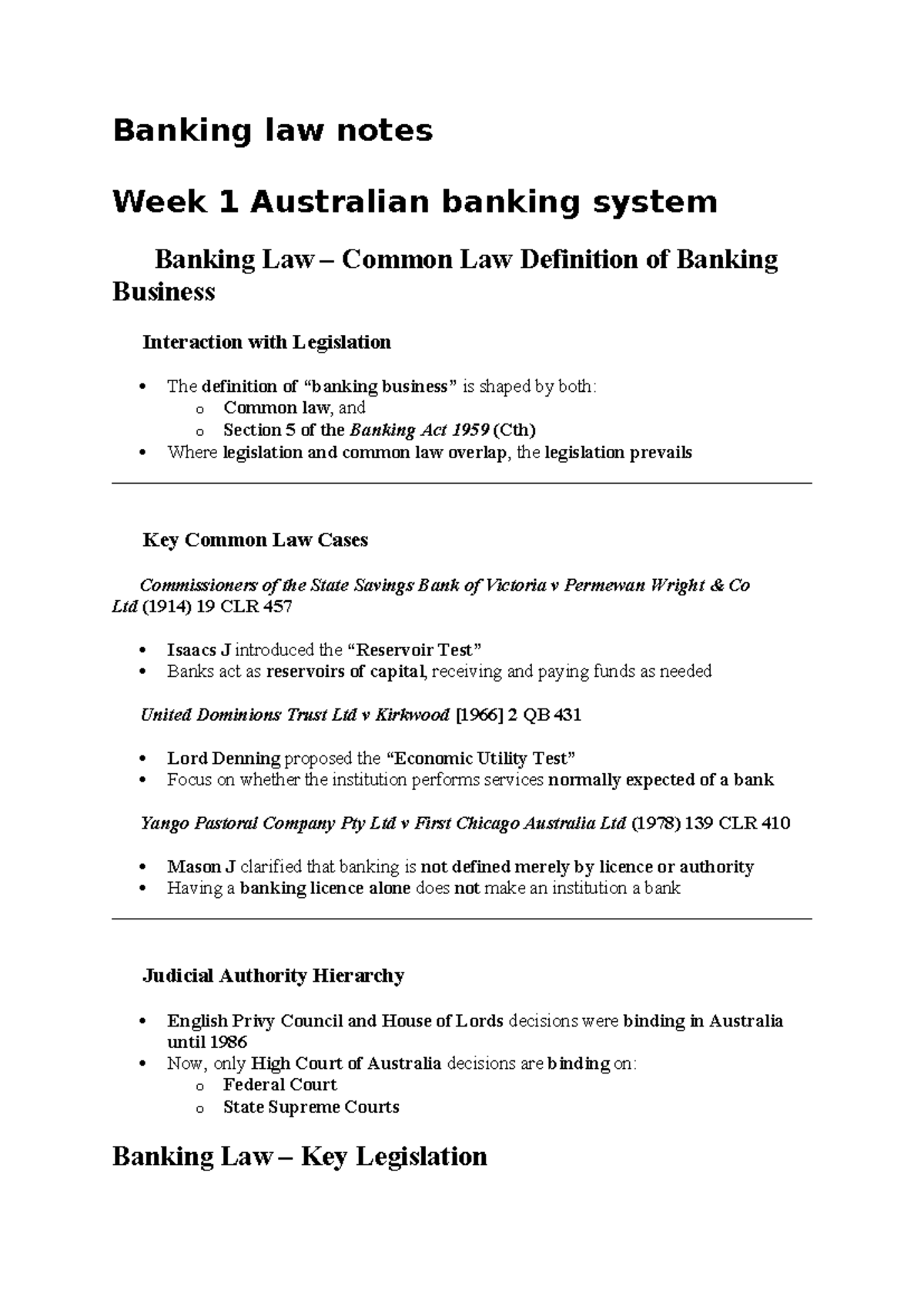 Banking Law Notes: Week 1 Overview of the Australian Banking System ...
