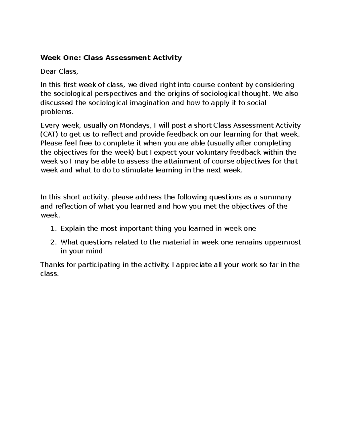 SOC 101: Week 1 Class Assessment Activity on Social Problems - Studocu