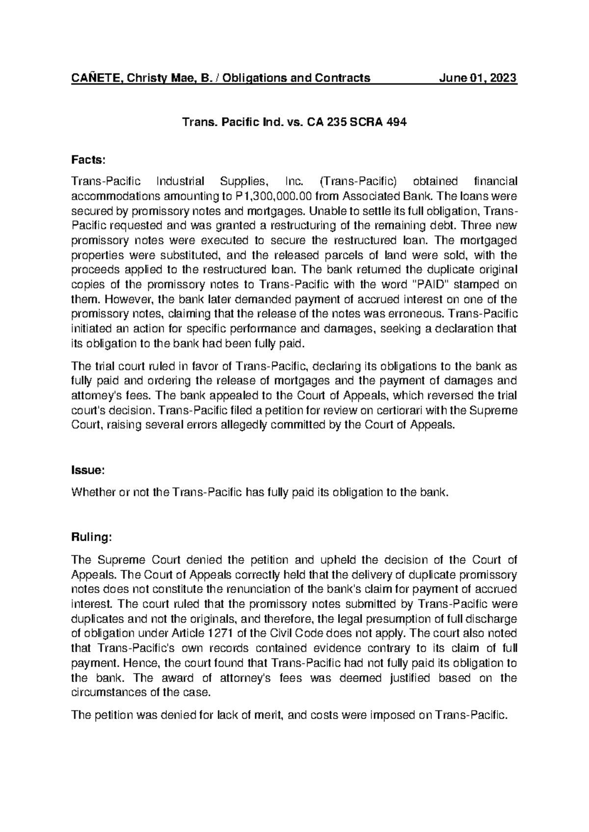 CA 235 SCRA 494: Obligations and Contracts Analysis of Trans-Pacific ...