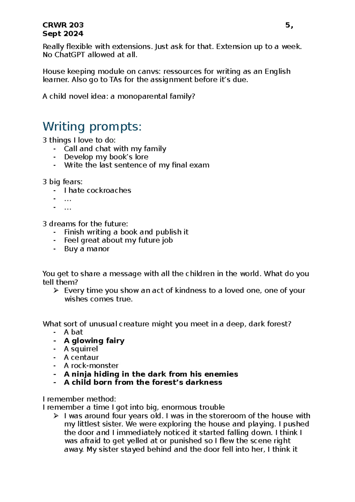 CRWR 203 Sept 2024: Writing Prompts & Assignment Guidance - Studocu
