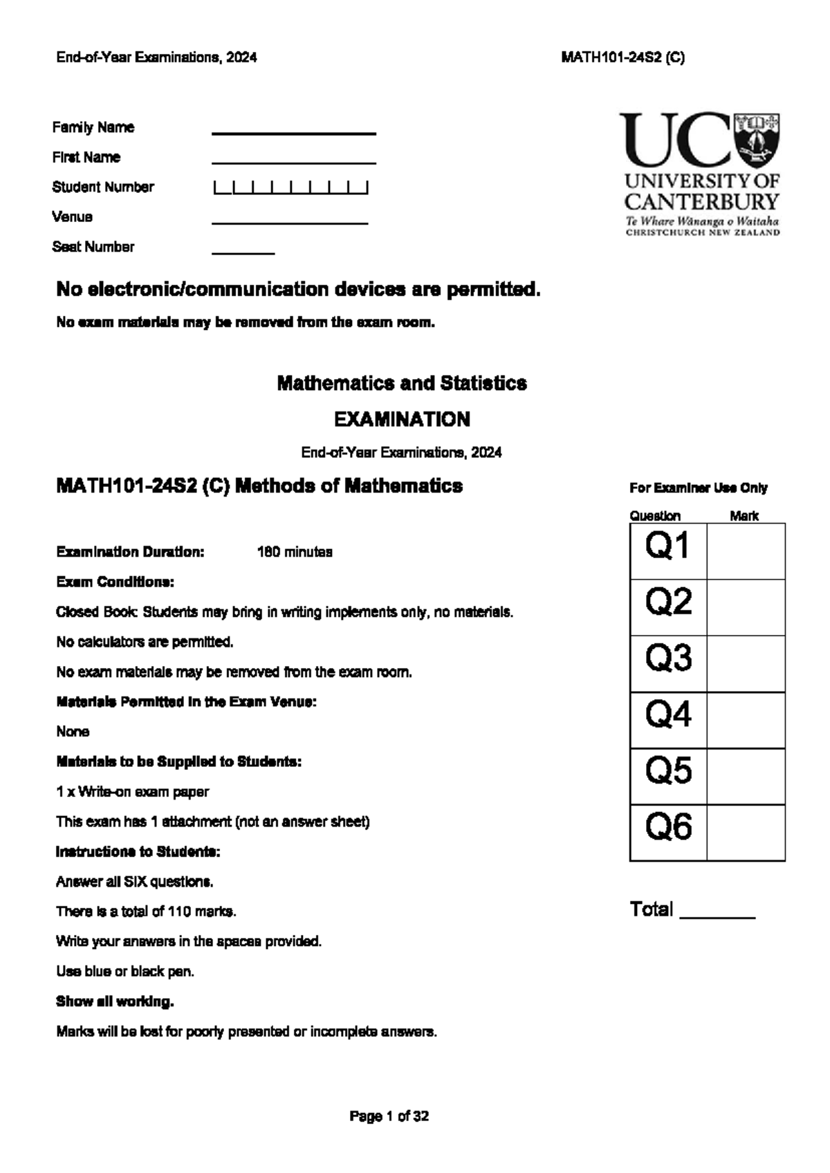 MATH101-24S2 Final Exam - Mathematics and Statistics 2024 - Studocu
