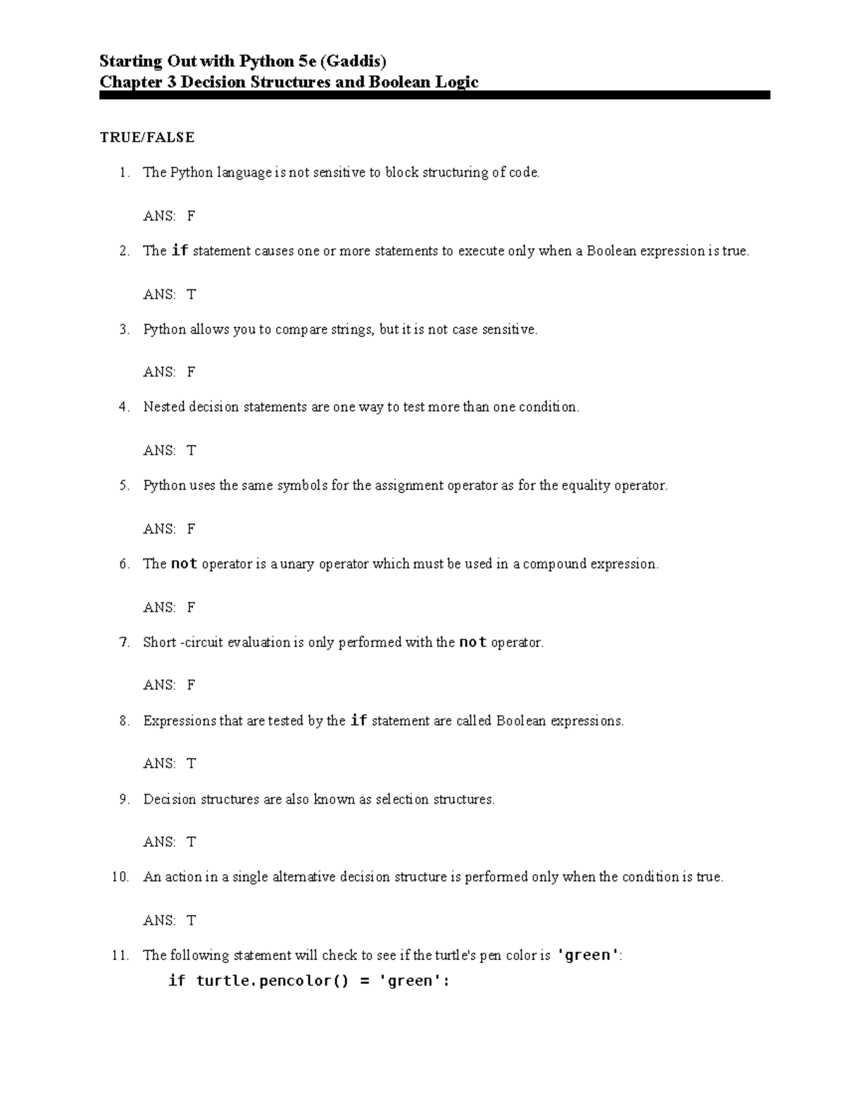 Python 5e Gaddis Ch03 - Decision Structures & Boolean Logic Test Bank ...