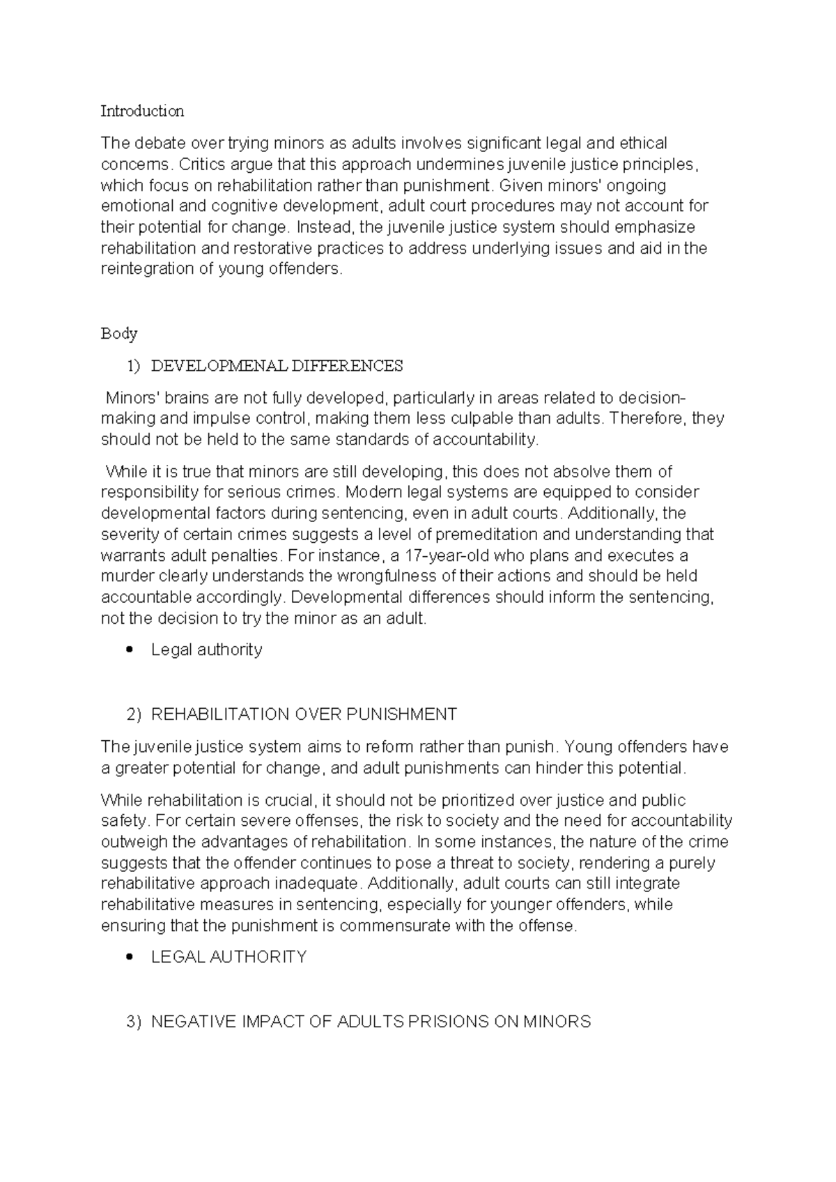 Counter Argument: Legal and Ethical Concerns in Trying Minors as Adults ...