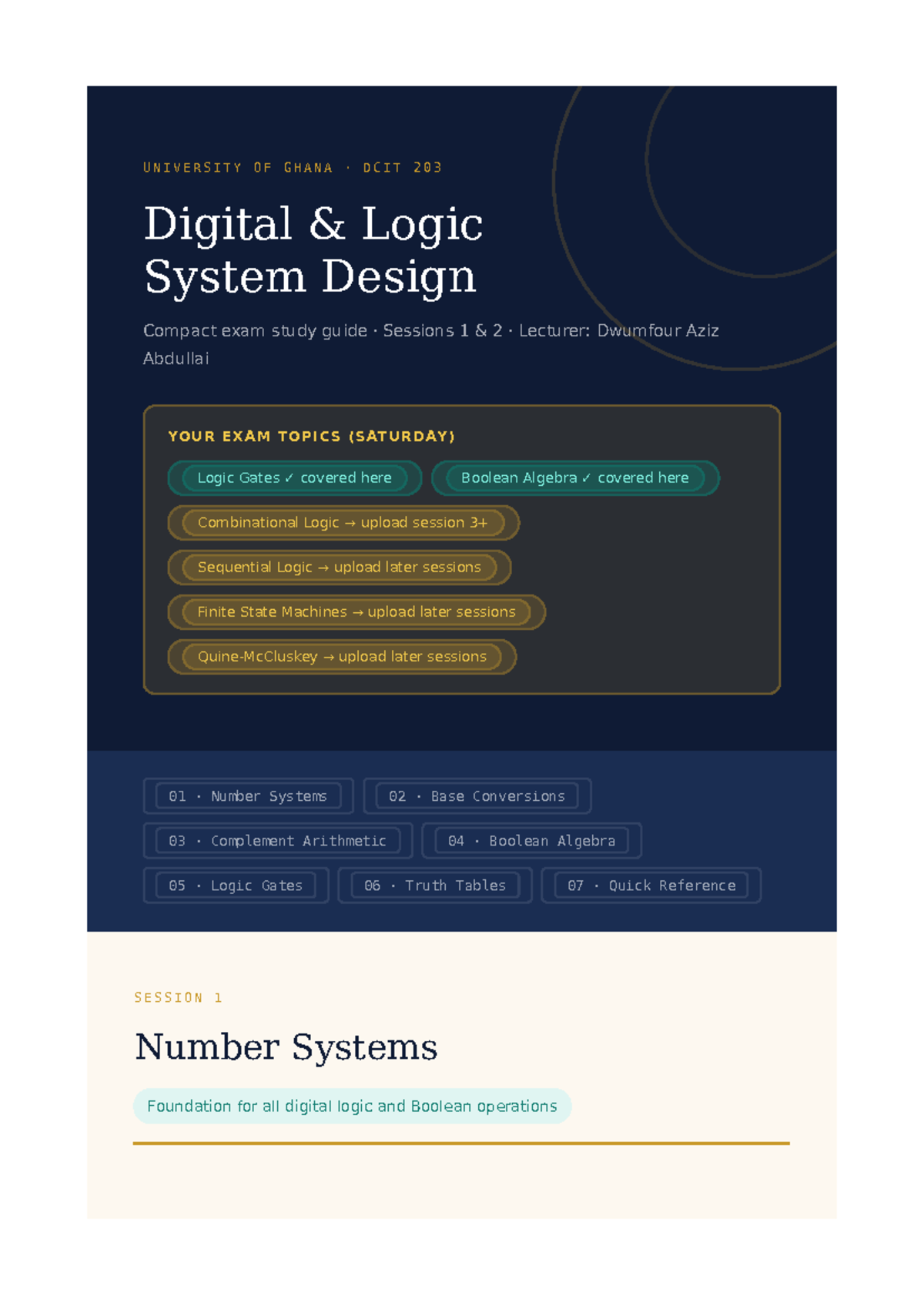 DCIT 203 Digital Logic System Design Exam Study Guide Sessions 1 & 2 ...