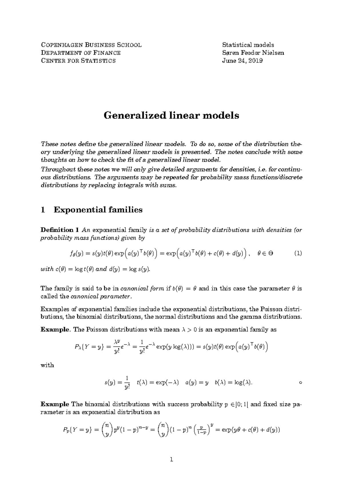 Generalized Linear Models Notes - CPHBUS Finance 2019 - Studocu