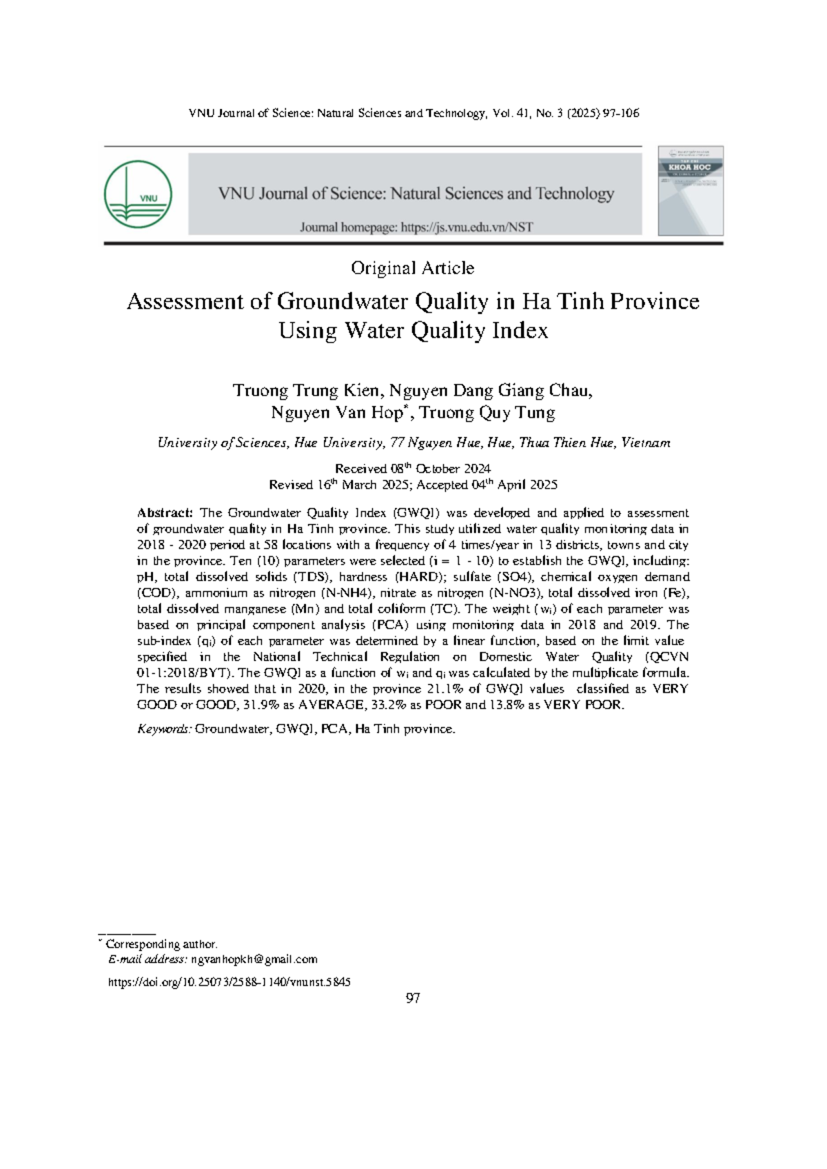 Assessment of Groundwater Quality in Ha Tinh Province (GWQI) - Studocu