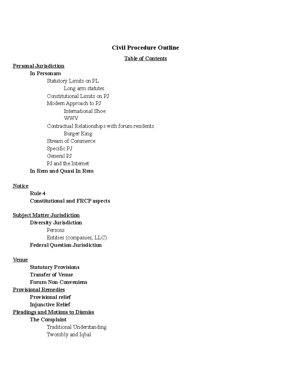 Civil Procedure Outline Civil Procedure Outline Table Of Contents