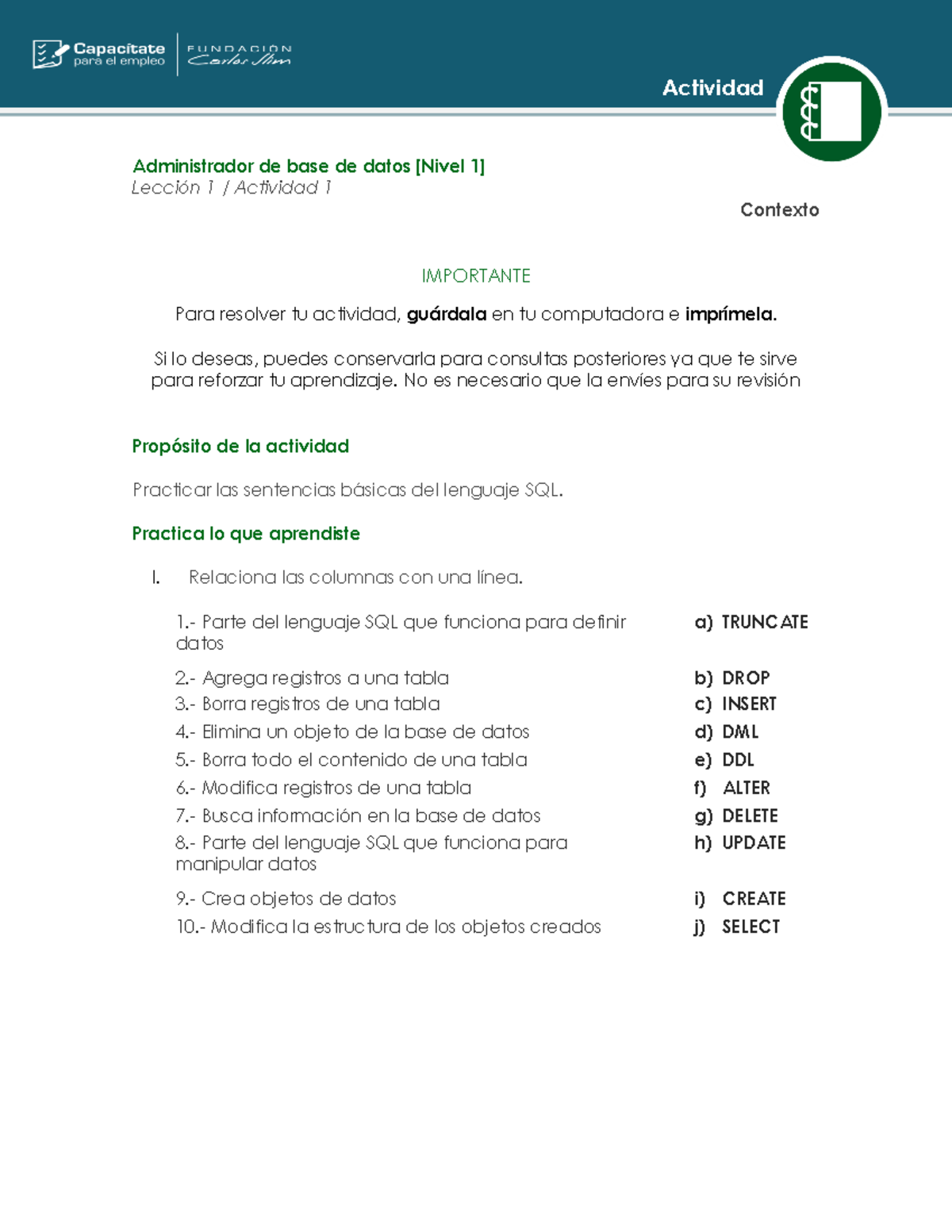 Adm DB - Lección 1: Actividad 1 - Fundamentos de SQL - Studocu