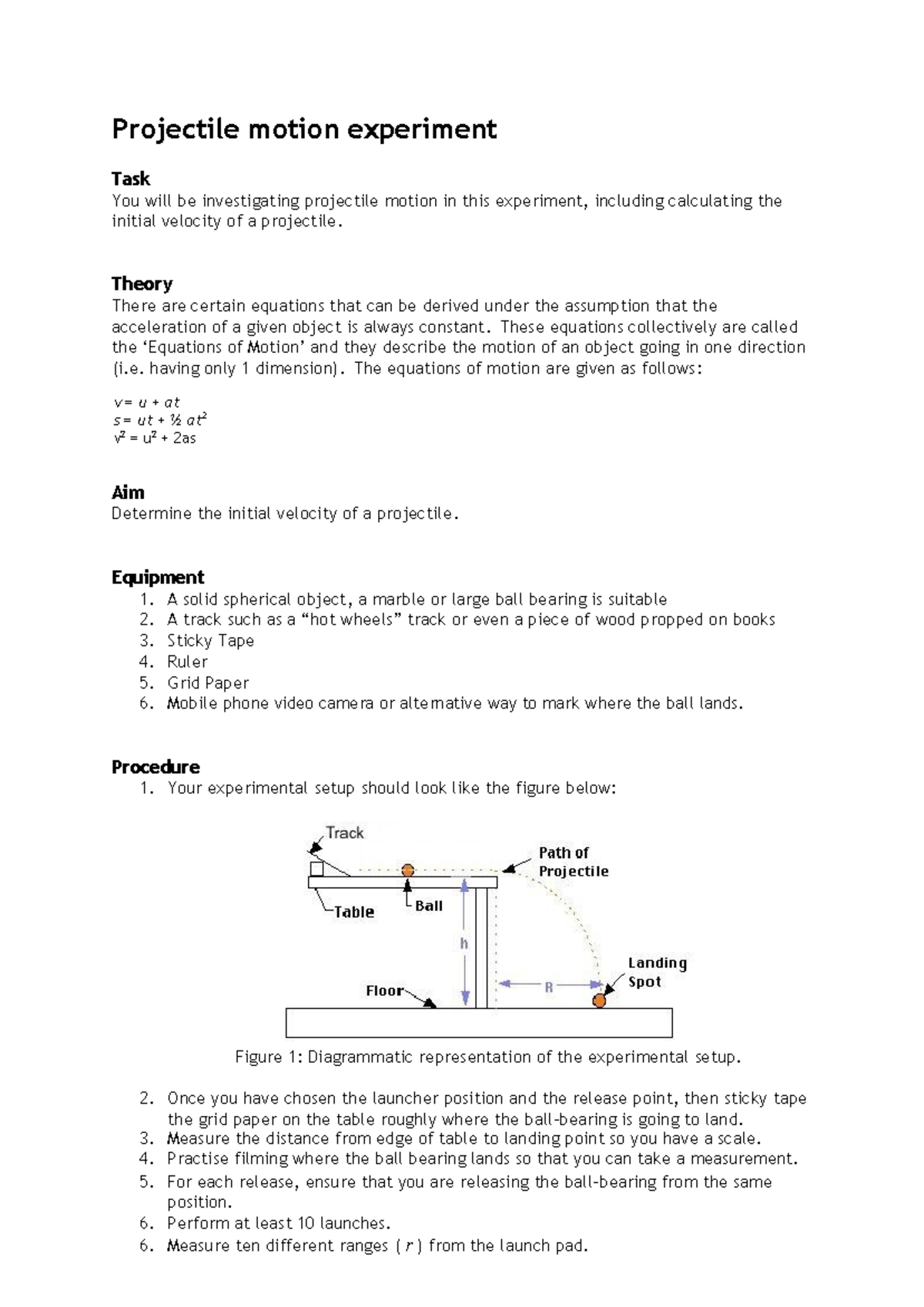 Projectile Motion Experiment: Calculating Initial Velocity - Studocu
