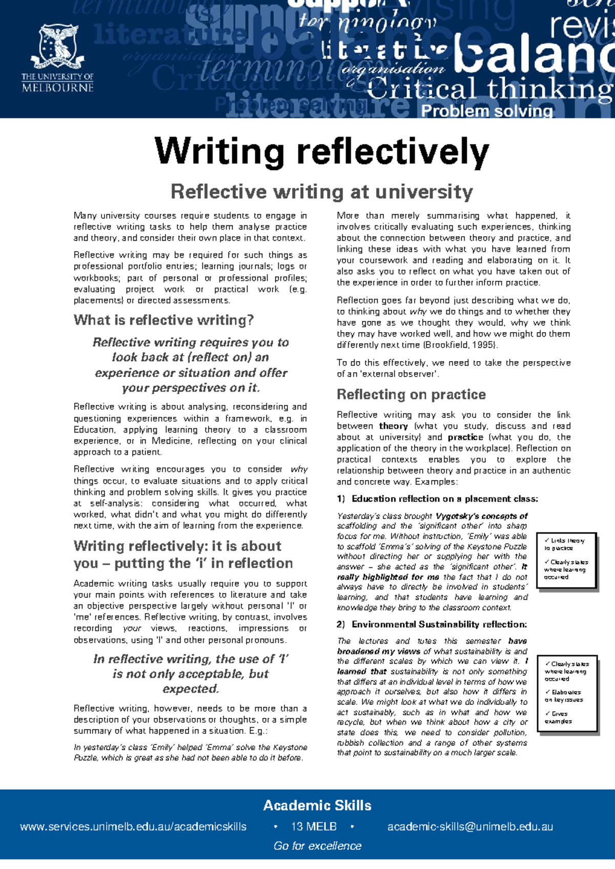 Writing Reflectively - Academic Skills services.unimelb.edu ...