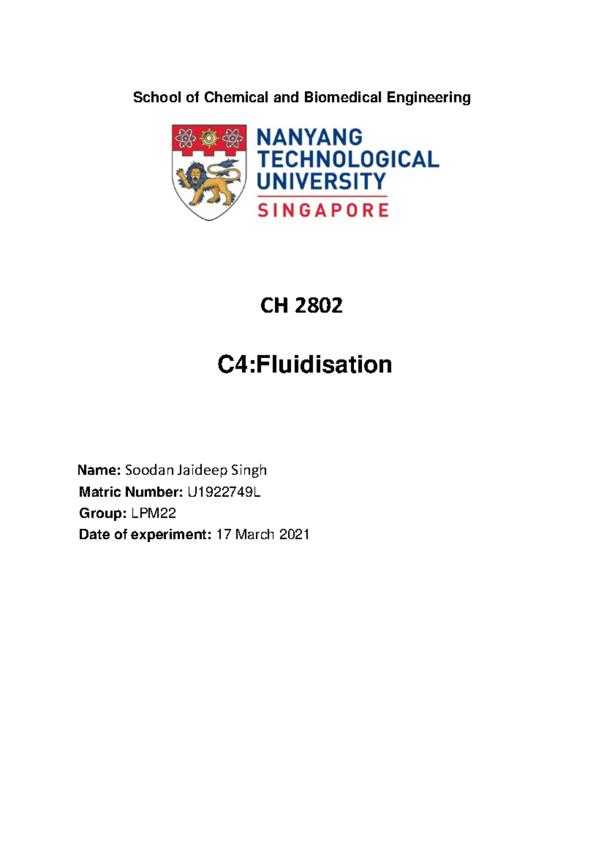 C4 Fluidisation Lab Report for CH 2802: Experimental Results and ...