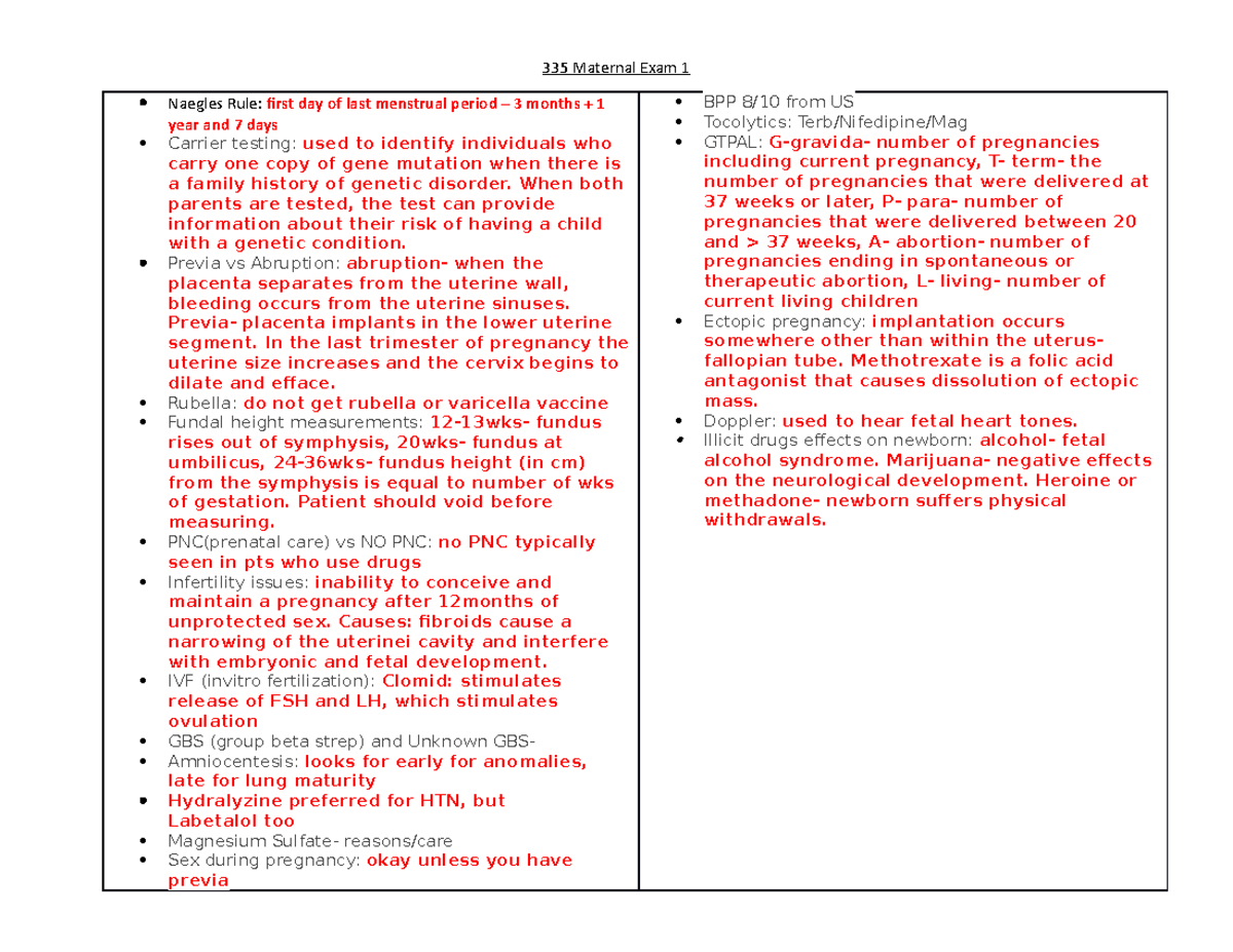 Study Guide for NUR 335: Maternal Exam 1 Notes and Key Concepts - Studocu