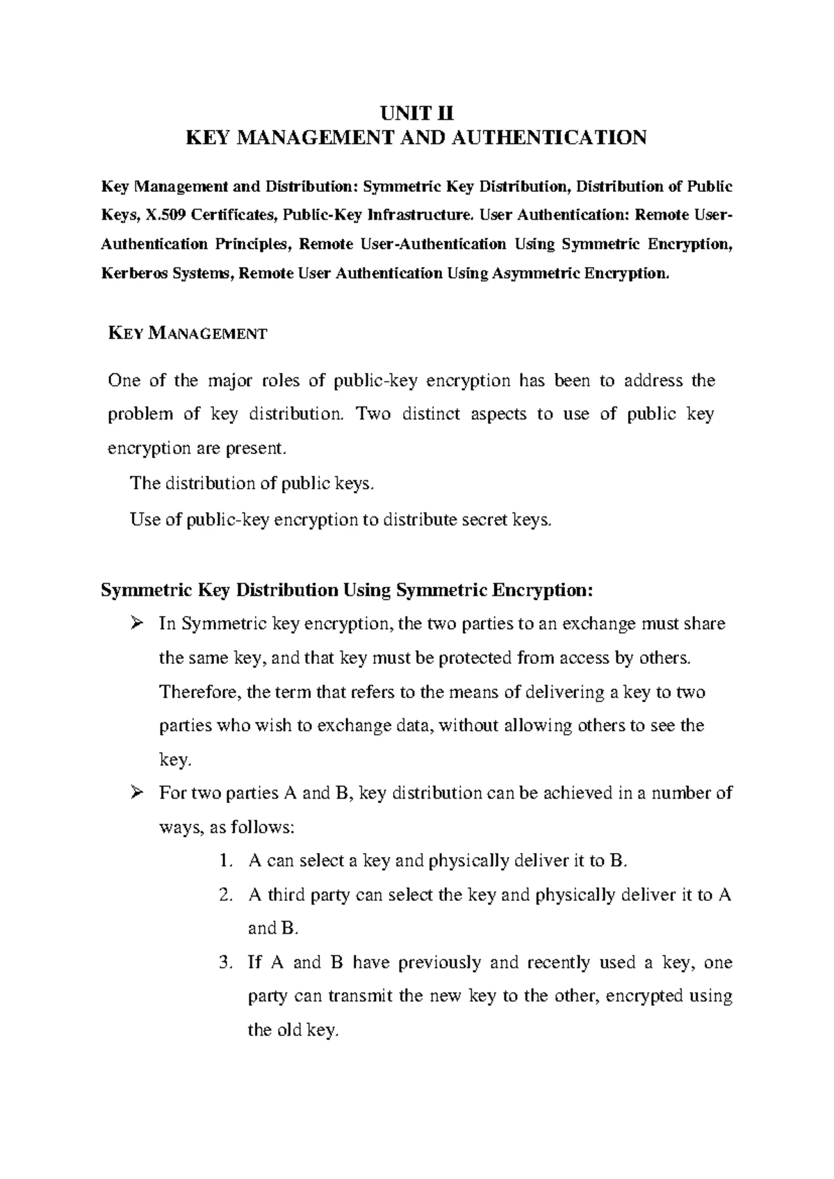 Unit II Key Management & Authentication Overview - Studocu
