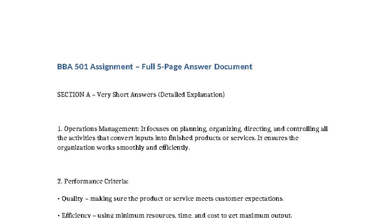 BBA 501 Assignment: Comprehensive Operations Management Answers - Studocu