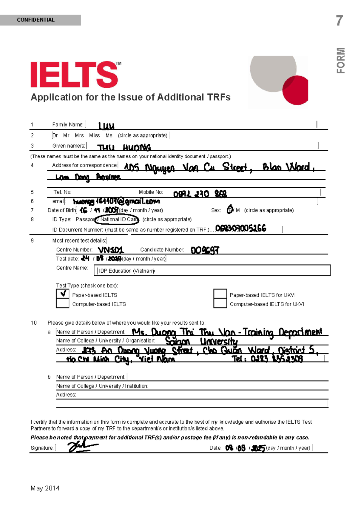 Application for Additional TRFs - IELTS Form - Studocu