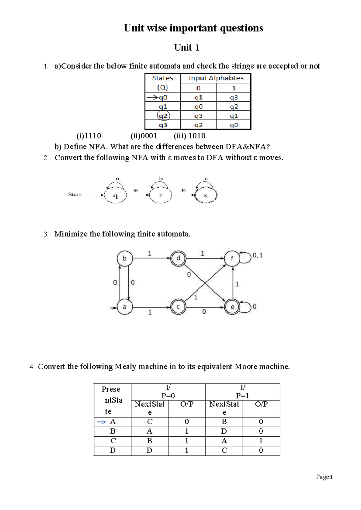 Unit Wise Important Questions for TAFL - Studocu