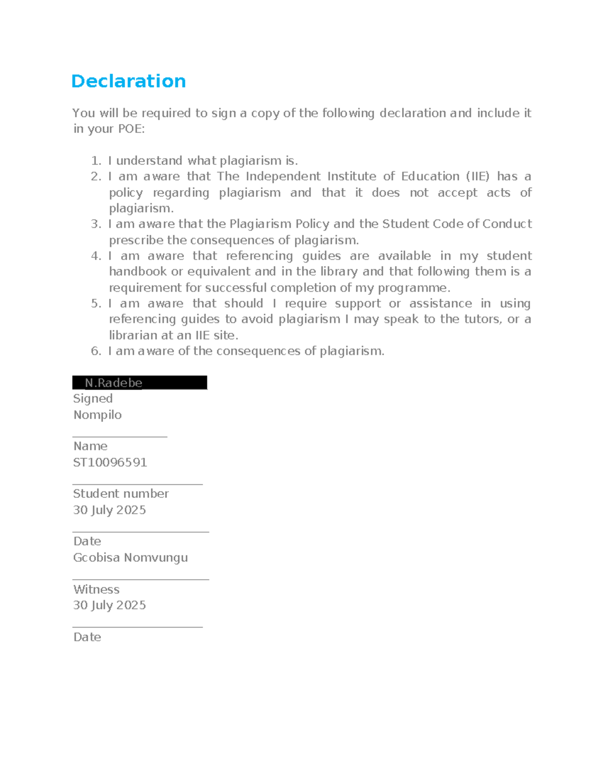 ERPR7412 Plagiarism Declaration for Artefact 1 Submission - Studocu